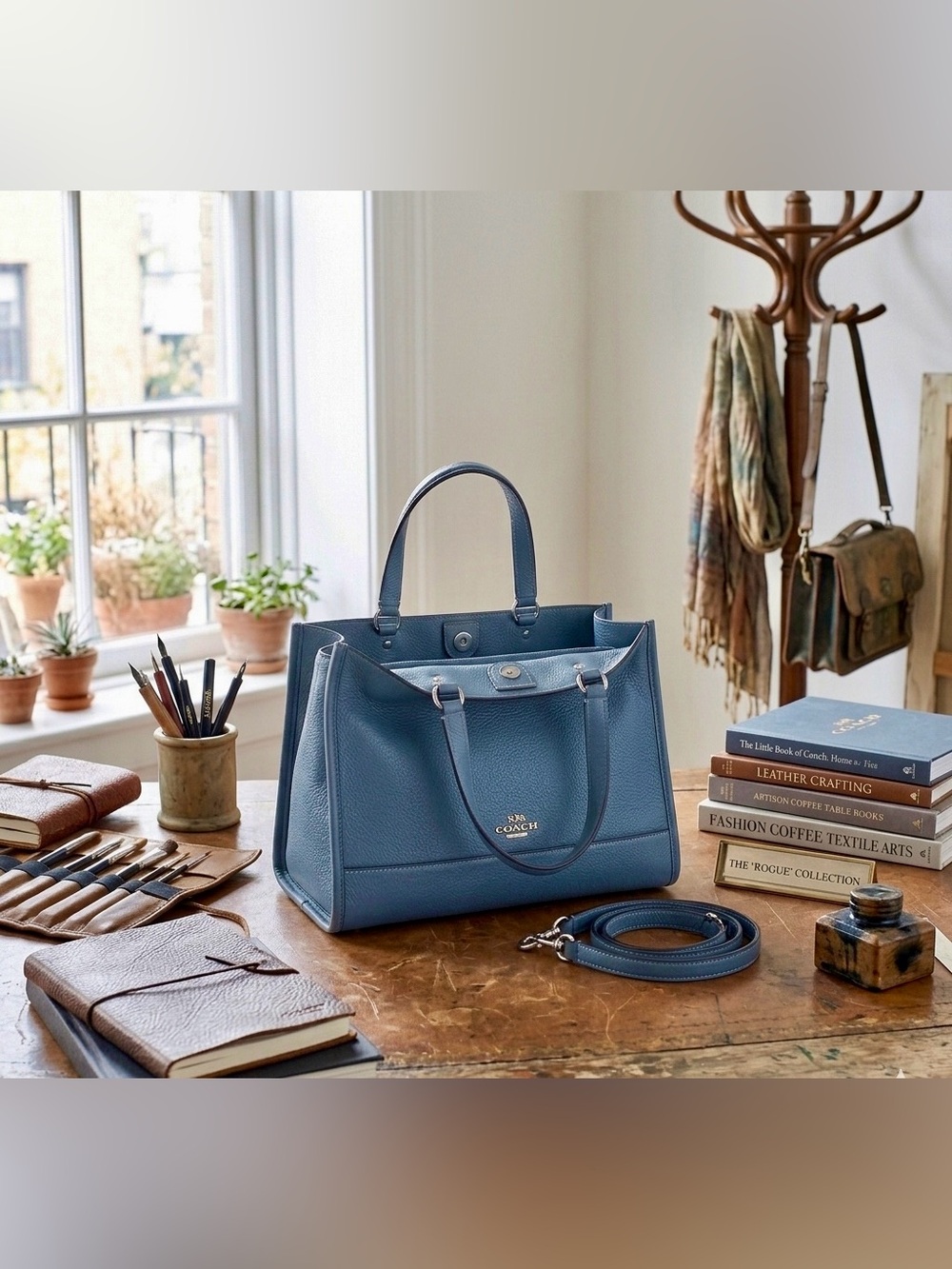 COACH Dempsey Carryall Pebbled Leather Tote in Slate Blue